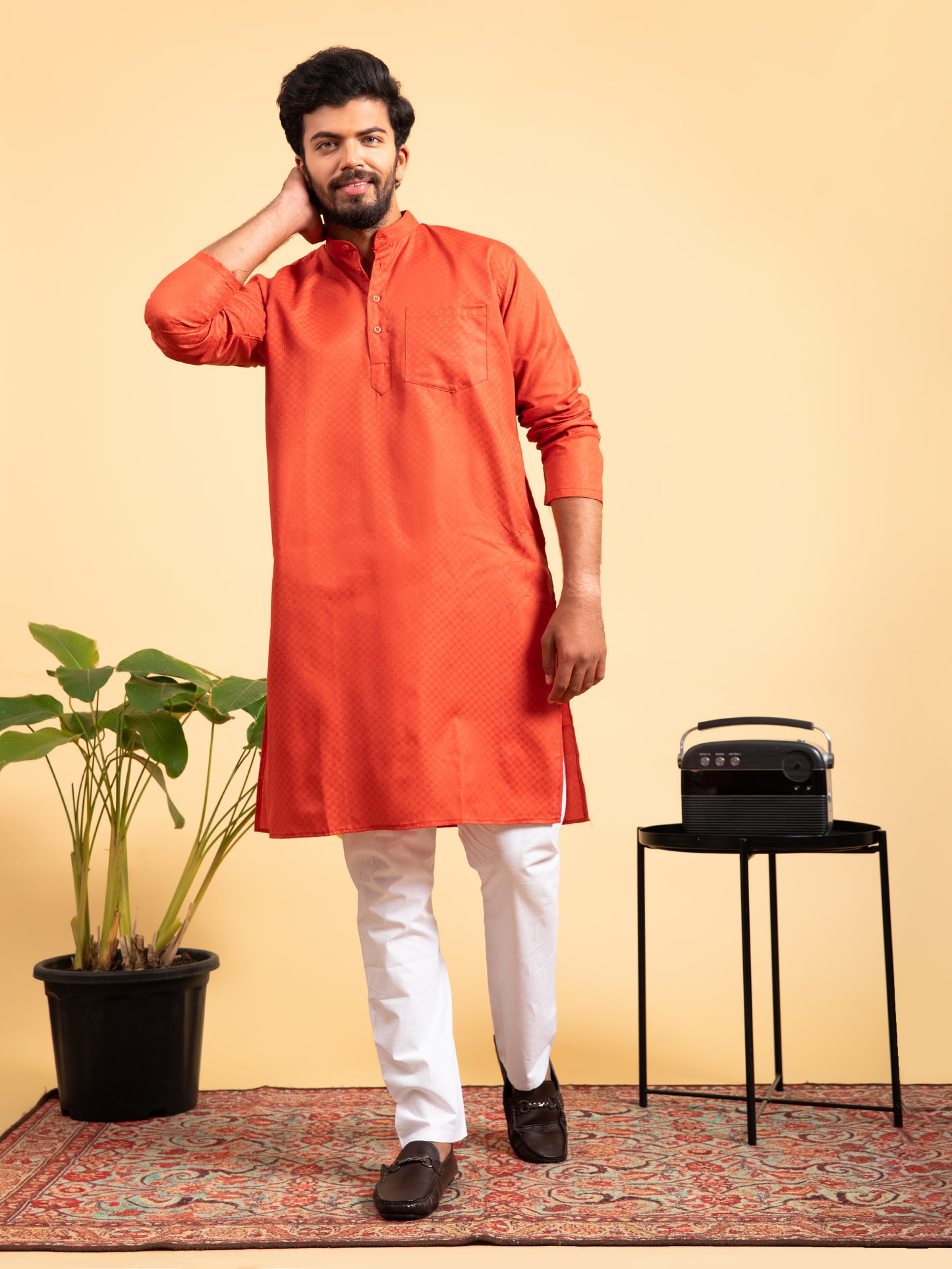 Orange Solid Cotton Kurta