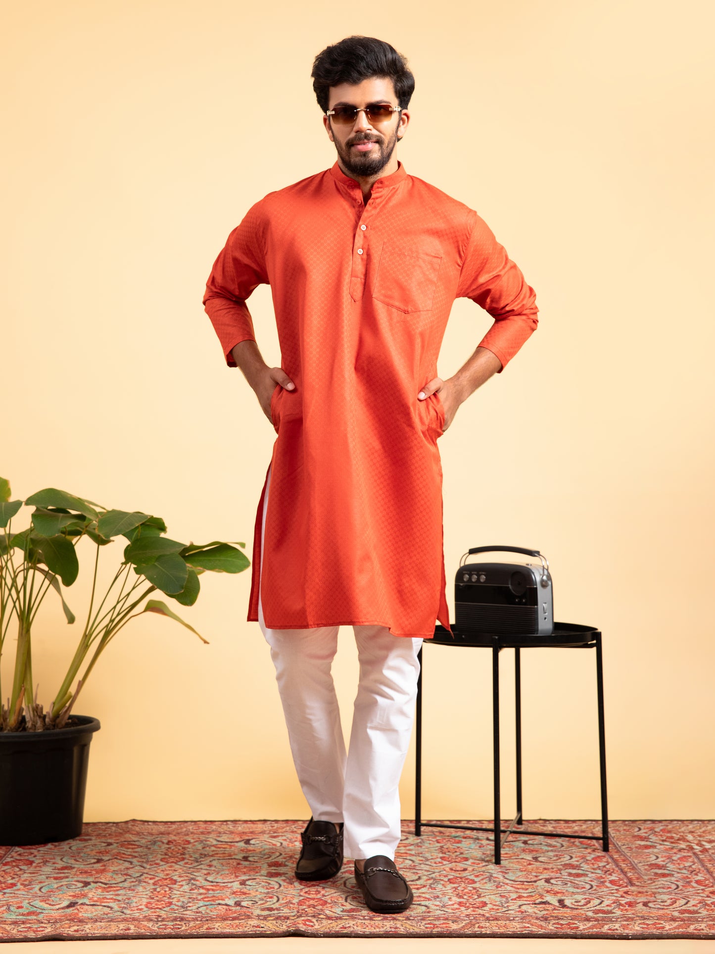 Orange Solid Cotton Kurta
