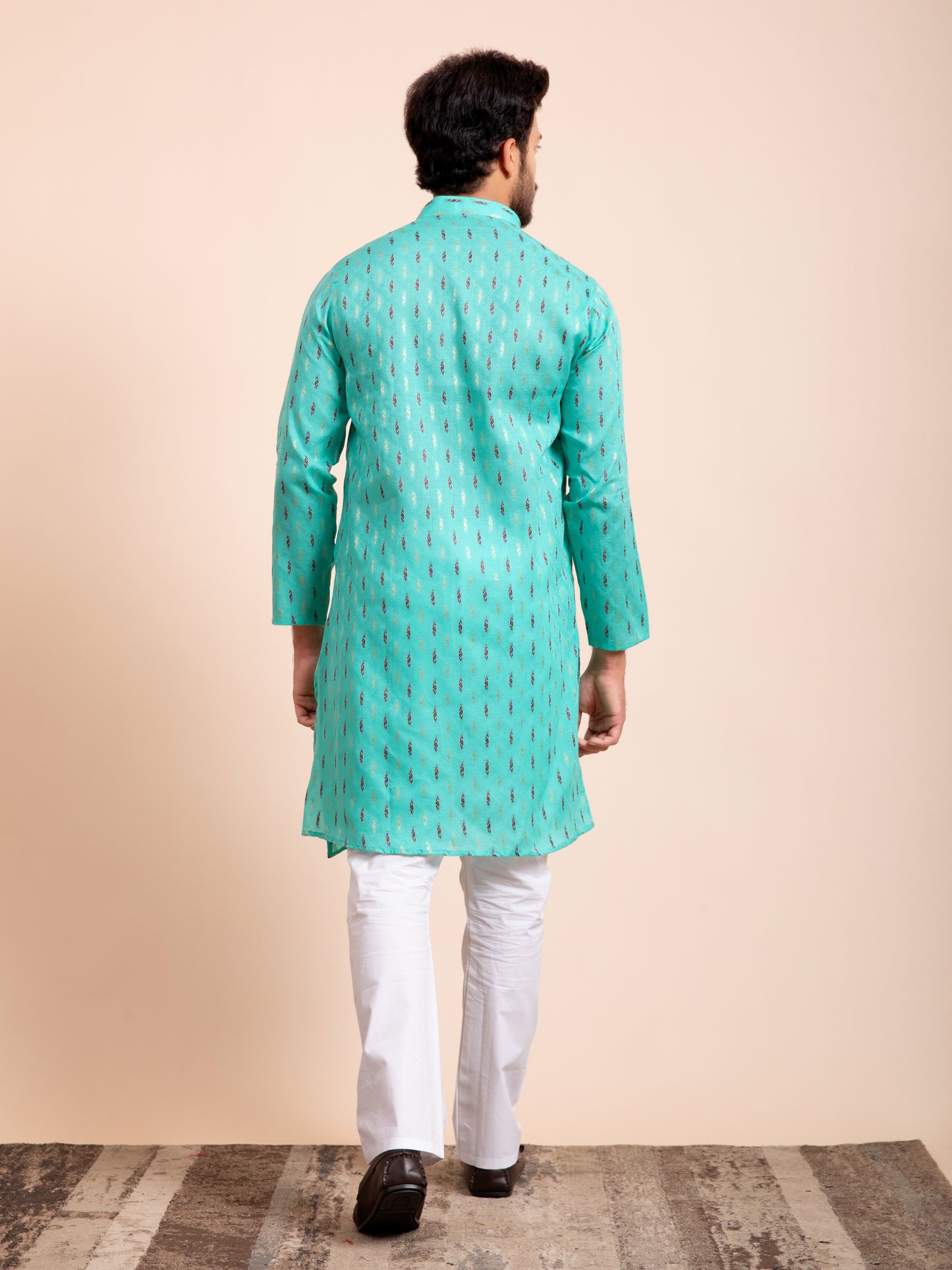 Teal Blue Cotton Motif Self Design Kurta