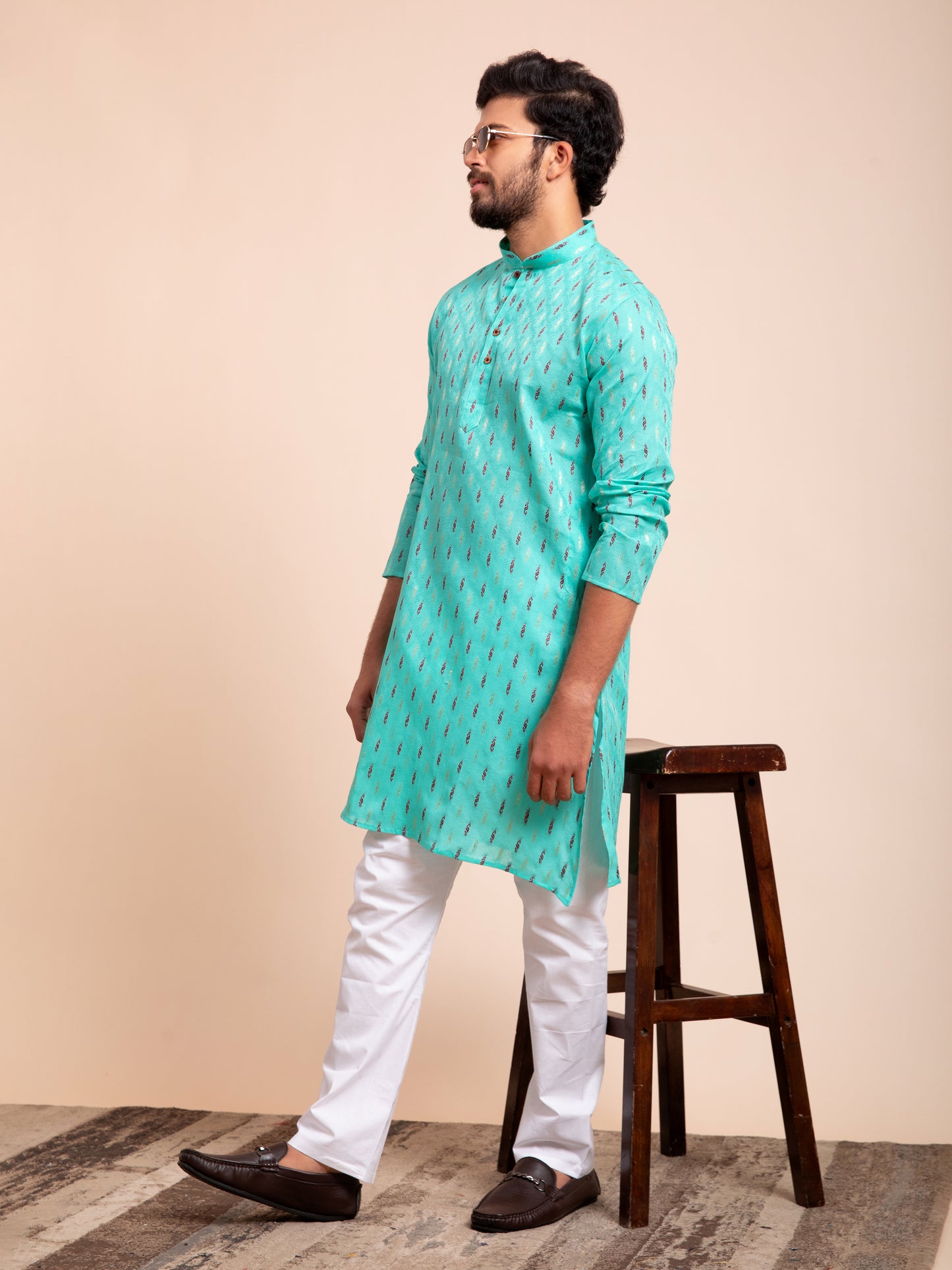 Teal Blue Cotton Motif Self Design Kurta