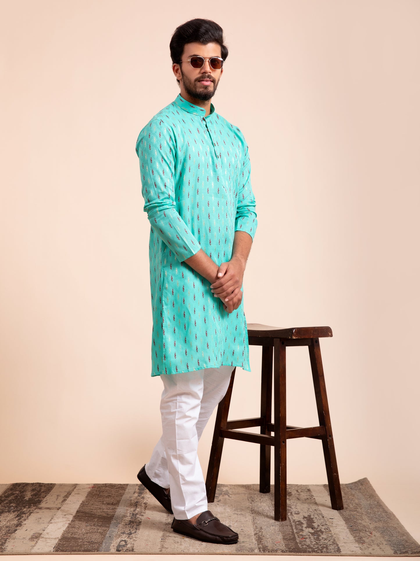 Teal Blue Cotton Motif Self Design Kurta