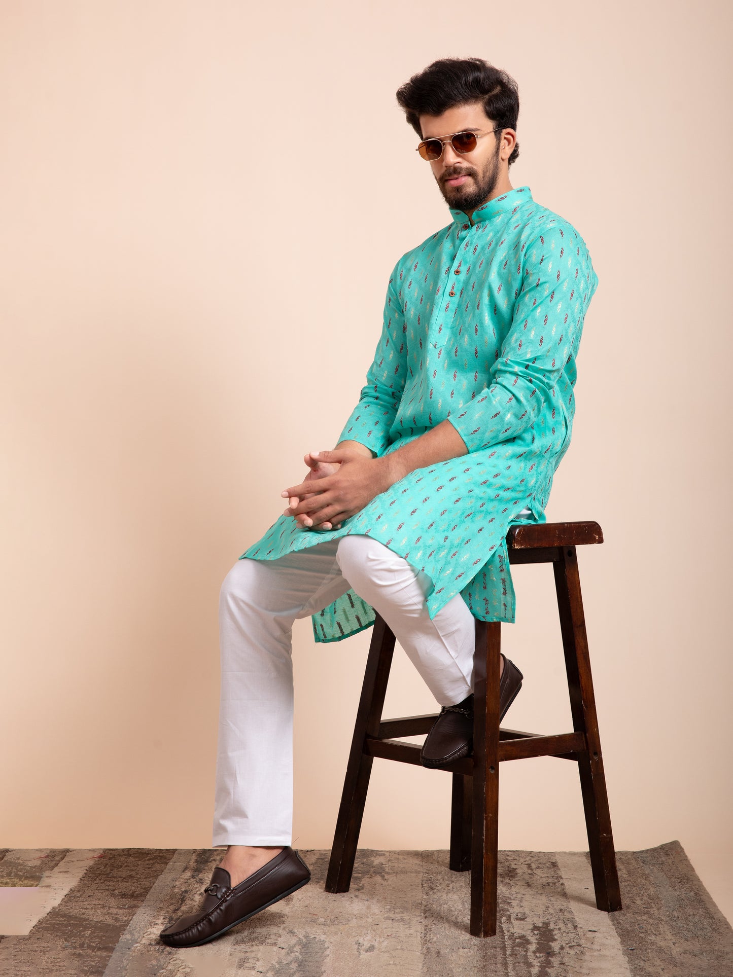 Teal Blue Cotton Motif Self Design Kurta