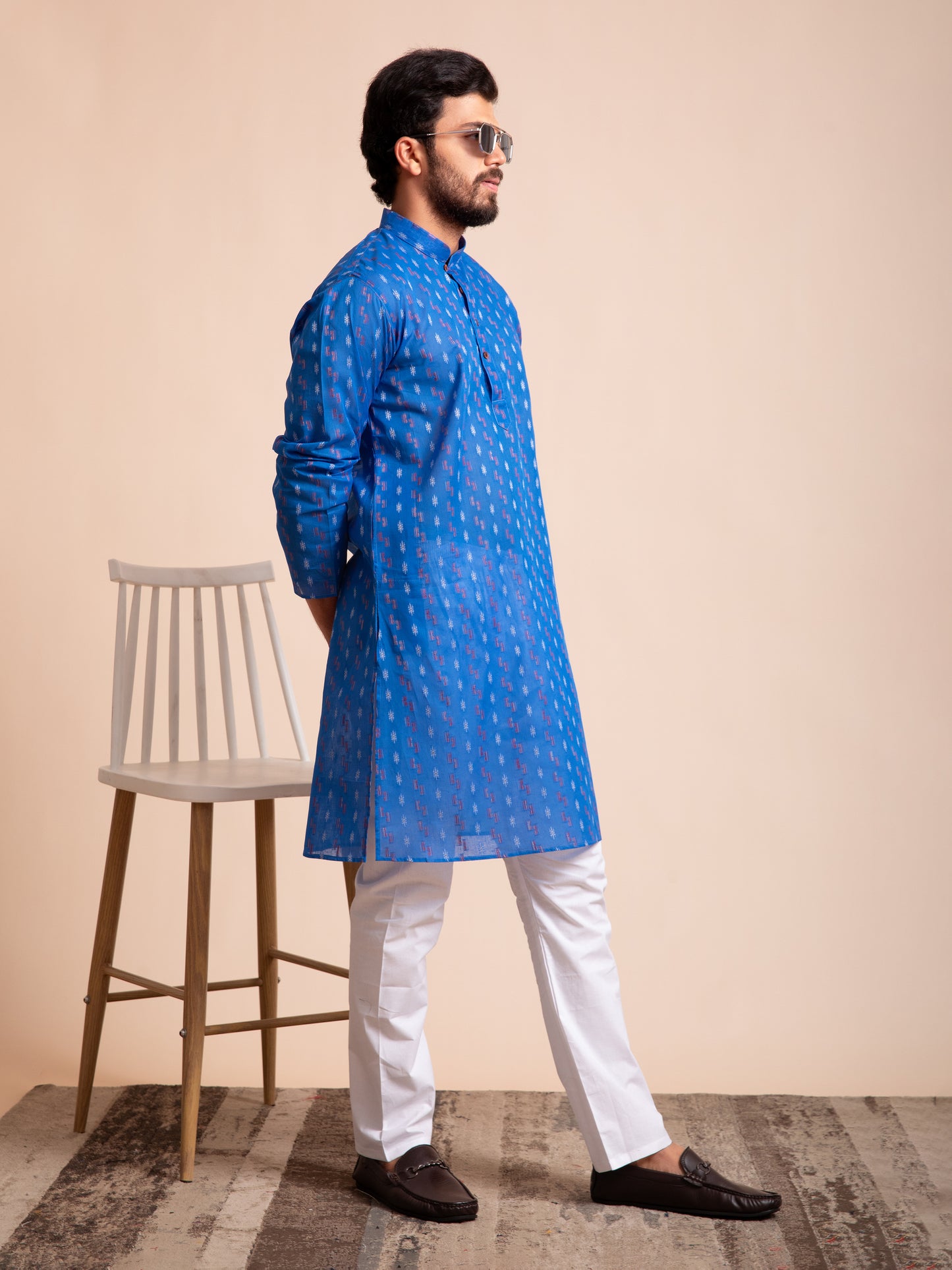 Blue Cotton Motif Self Design Kurta