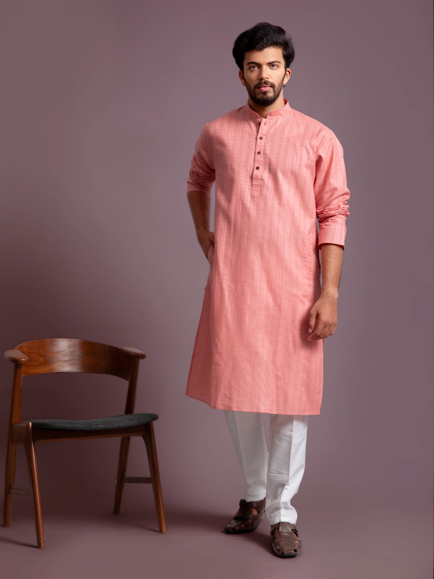 Blush Coral Cotton Self Design Kurta