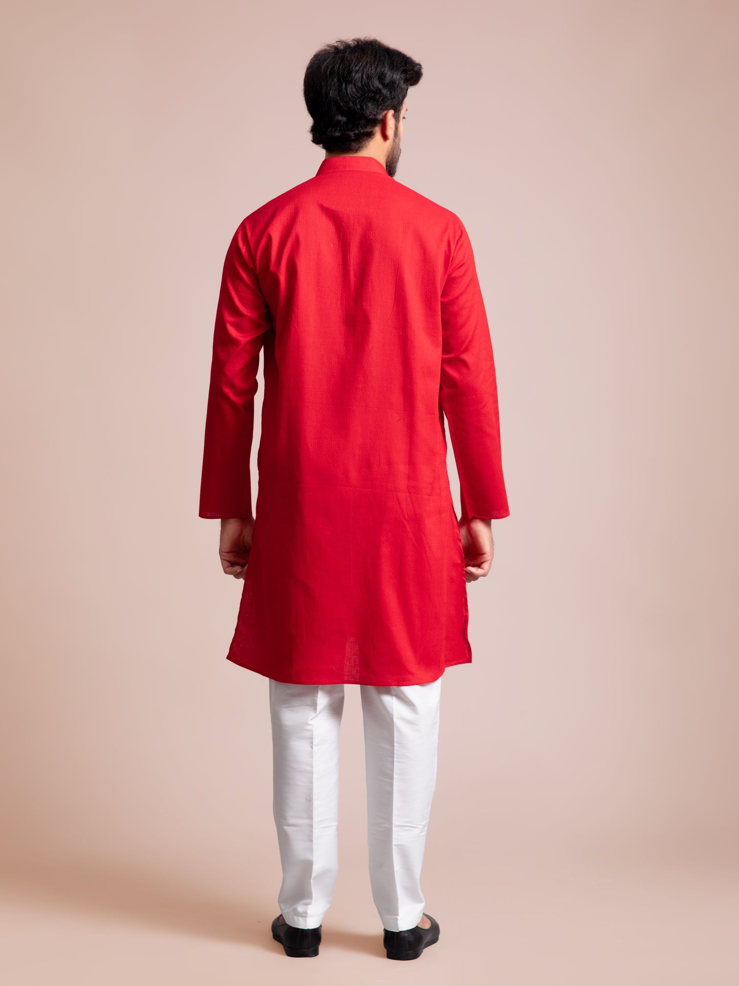 Red Cotton Self Design Kurta