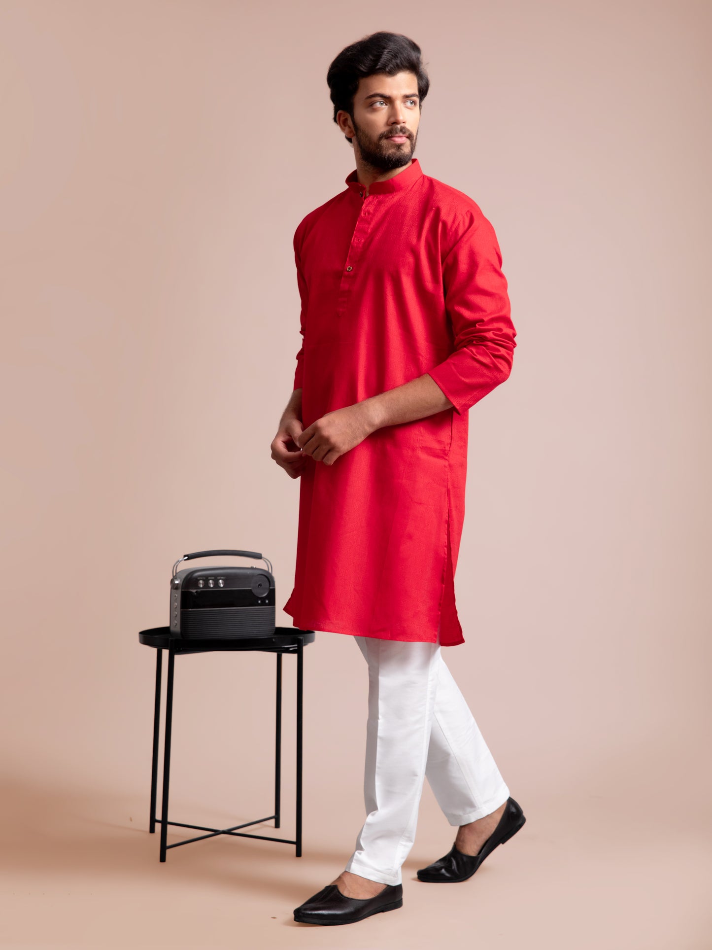 Red Cotton Self Design Kurta