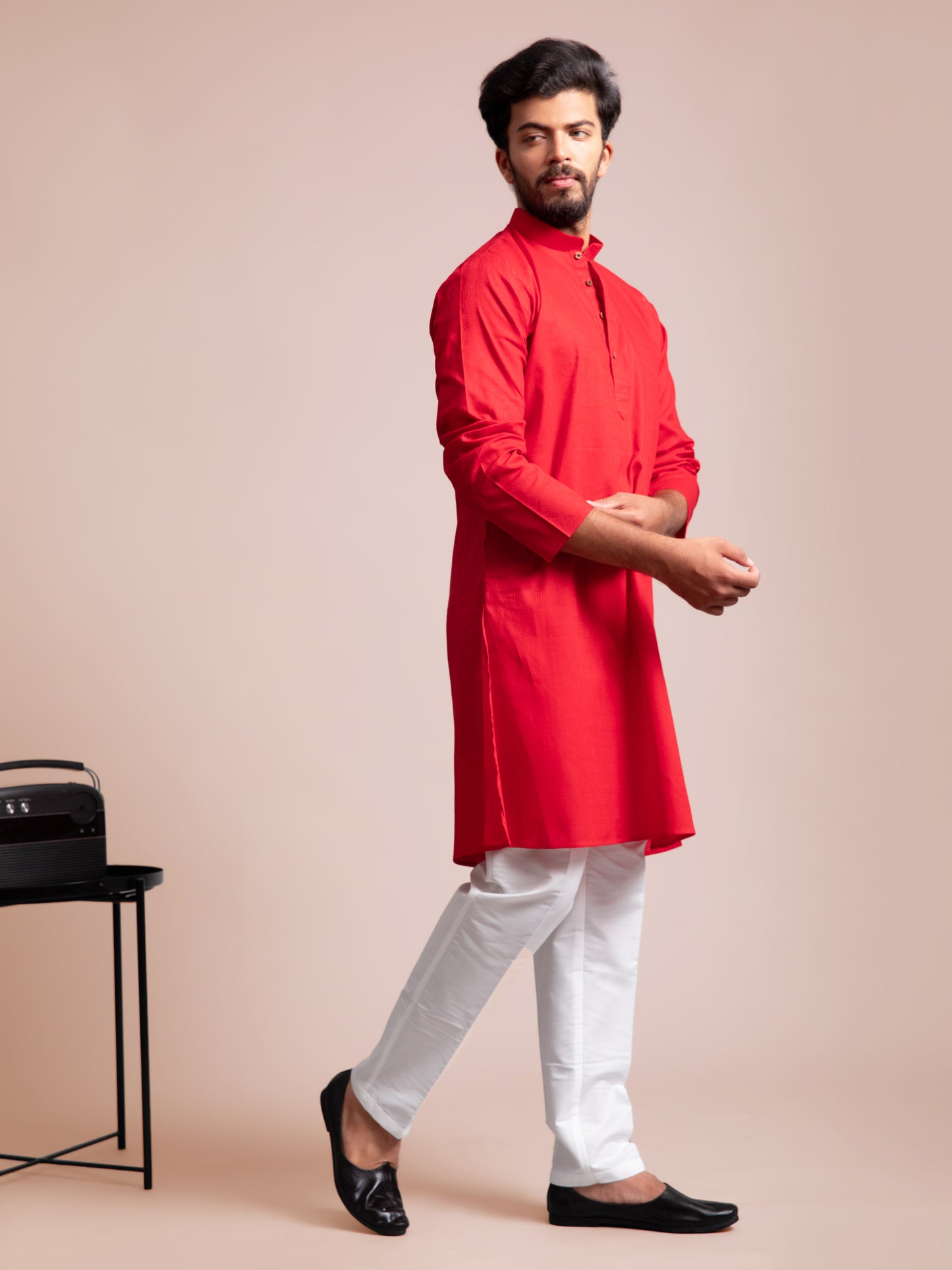 Red Cotton Self Design Kurta