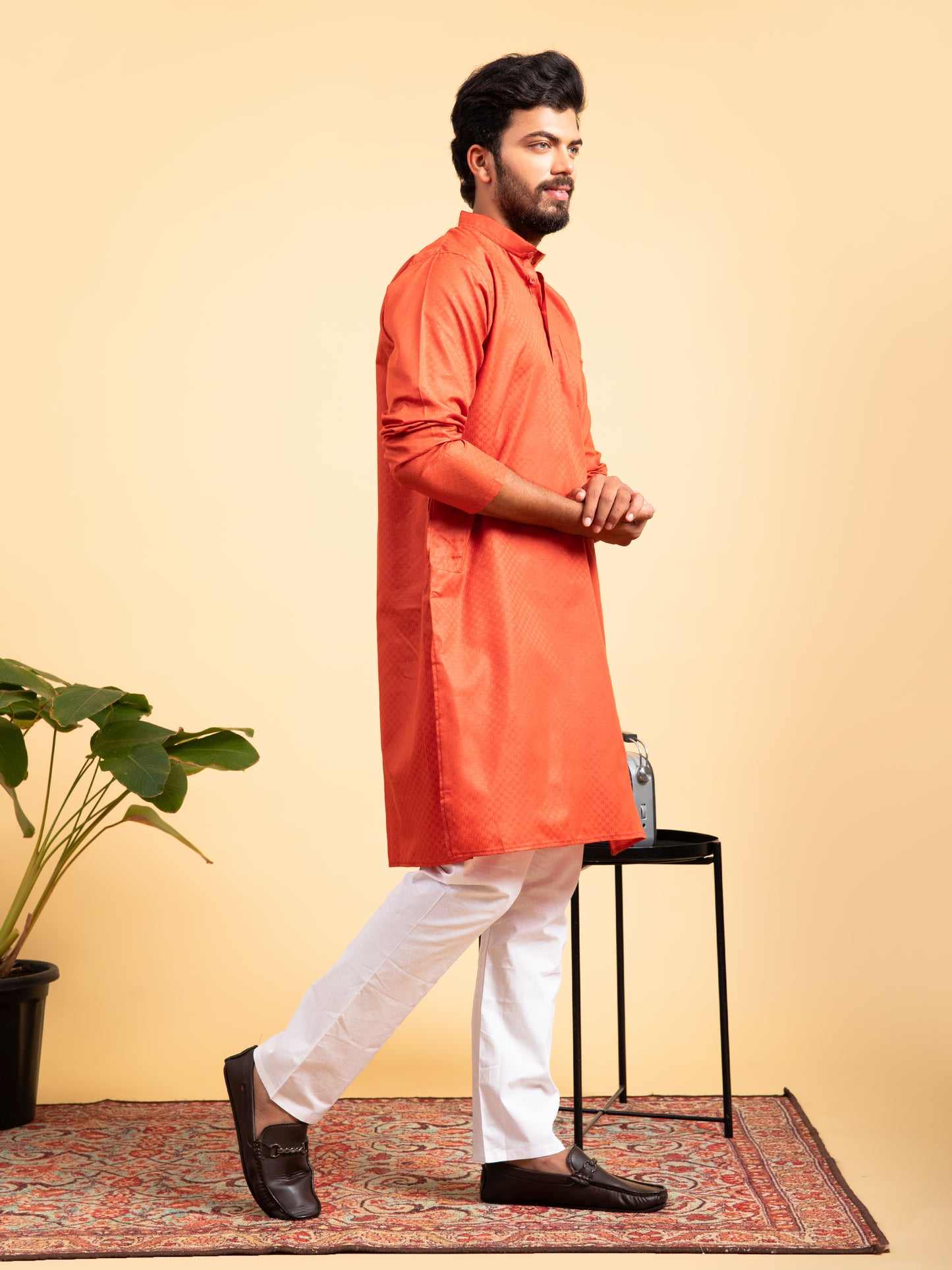 Orange Solid Cotton Kurta