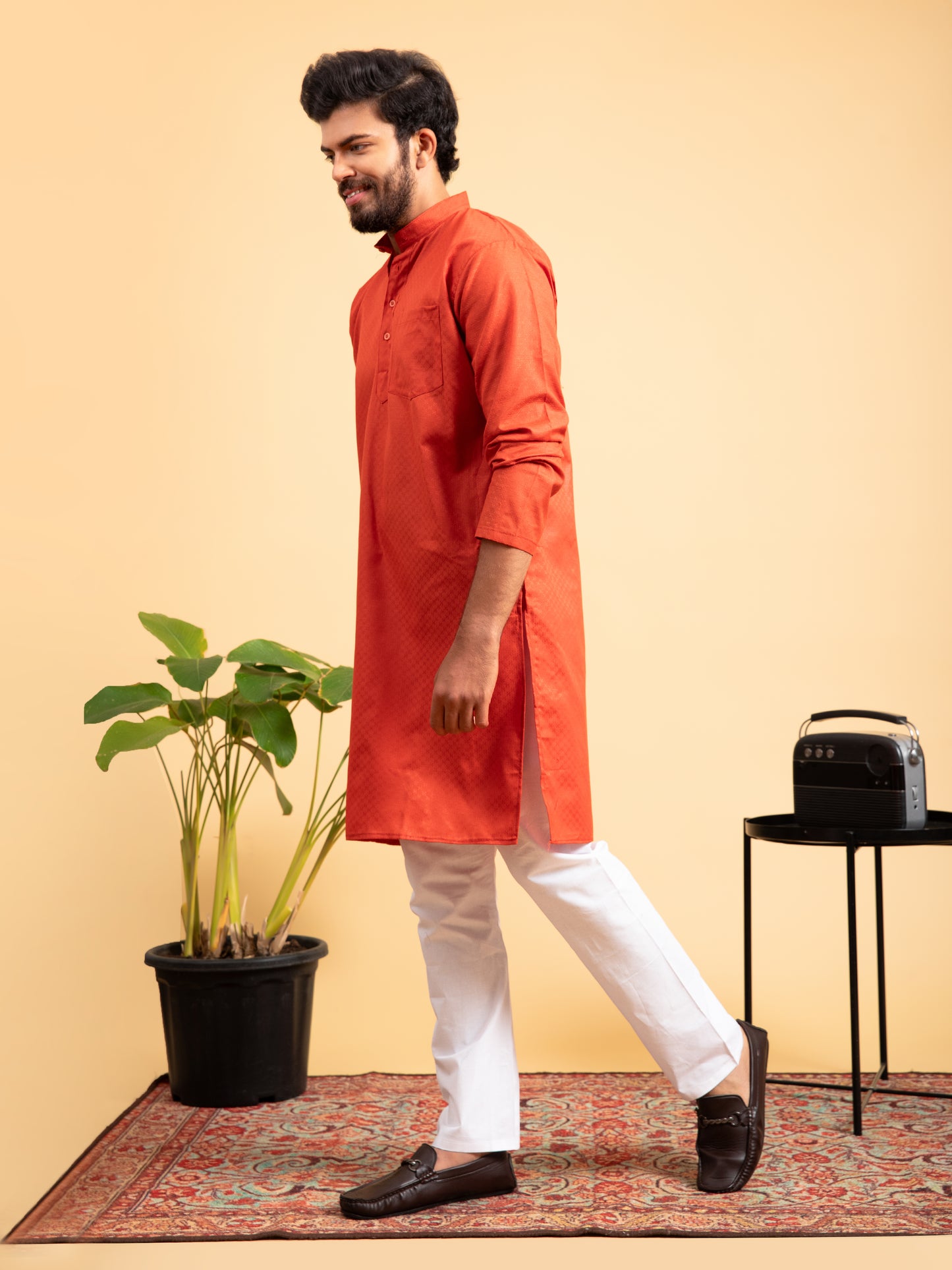 Orange Solid Cotton Kurta