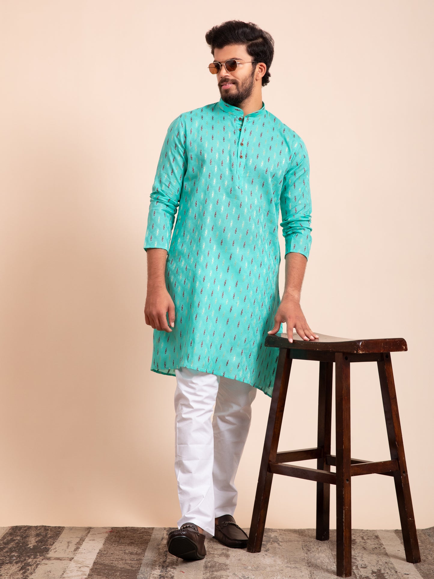 Teal Blue Cotton Motif Self Design Kurta