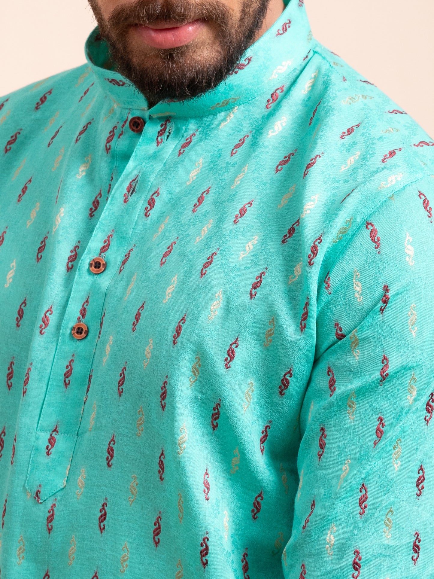 Teal Blue Cotton Motif Self Design Kurta