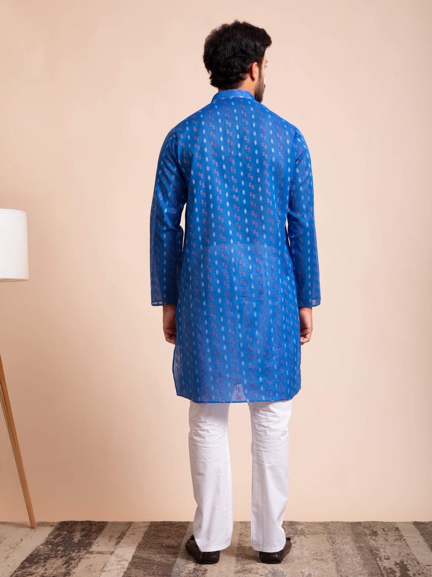 Blue Cotton Motif Self Design Kurta