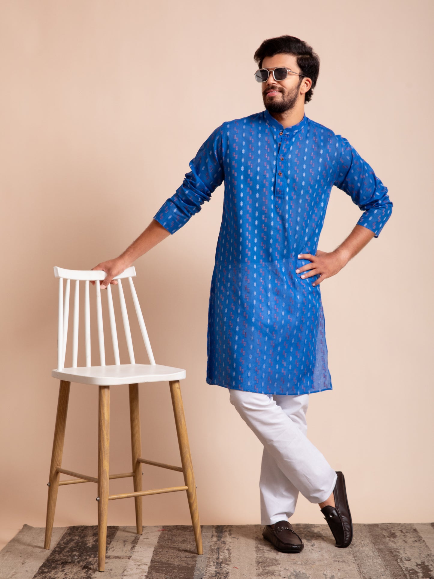 Blue Cotton Motif Self Design Kurta