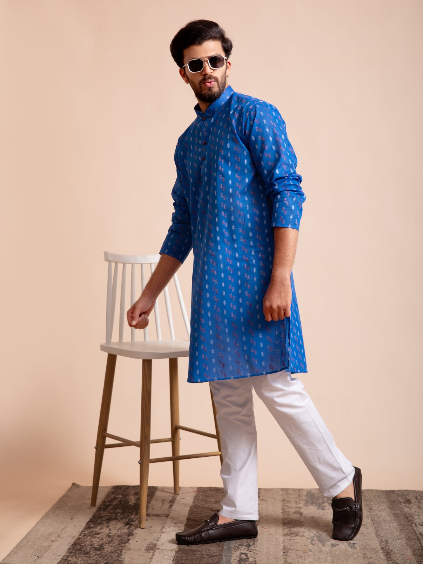 Blue Cotton Motif Self Design Kurta
