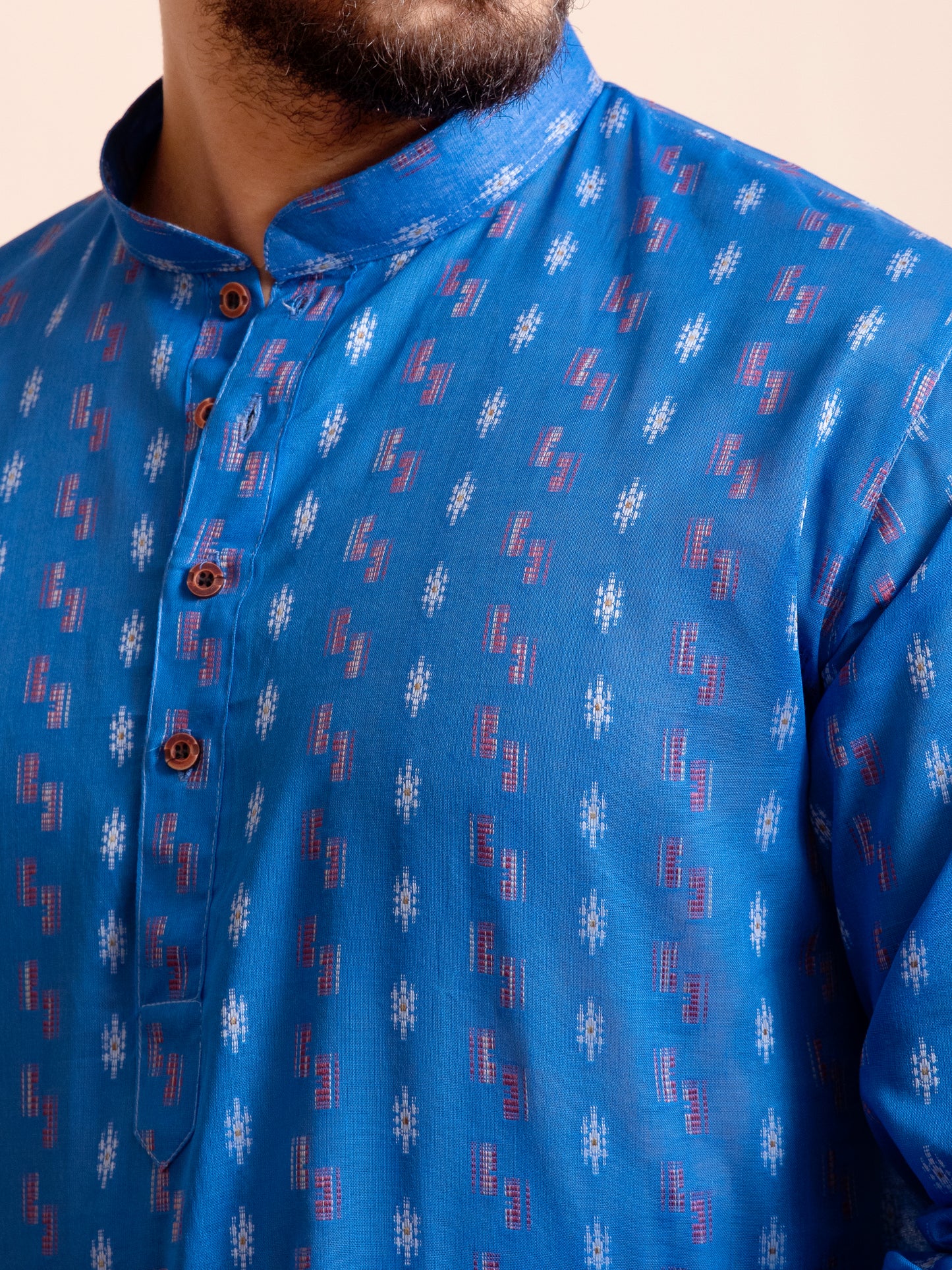 Blue Cotton Motif Self Design Kurta