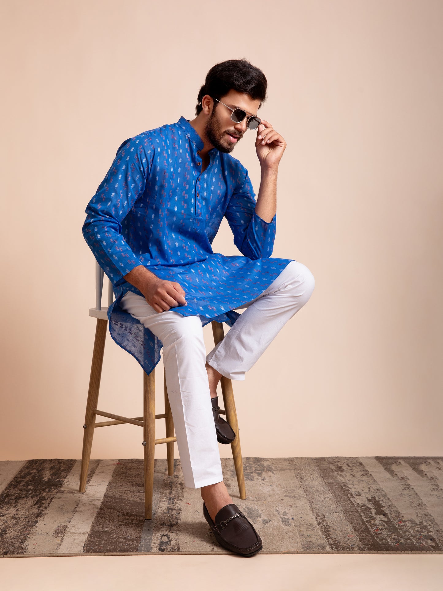 Blue Cotton Motif Self Design Kurta