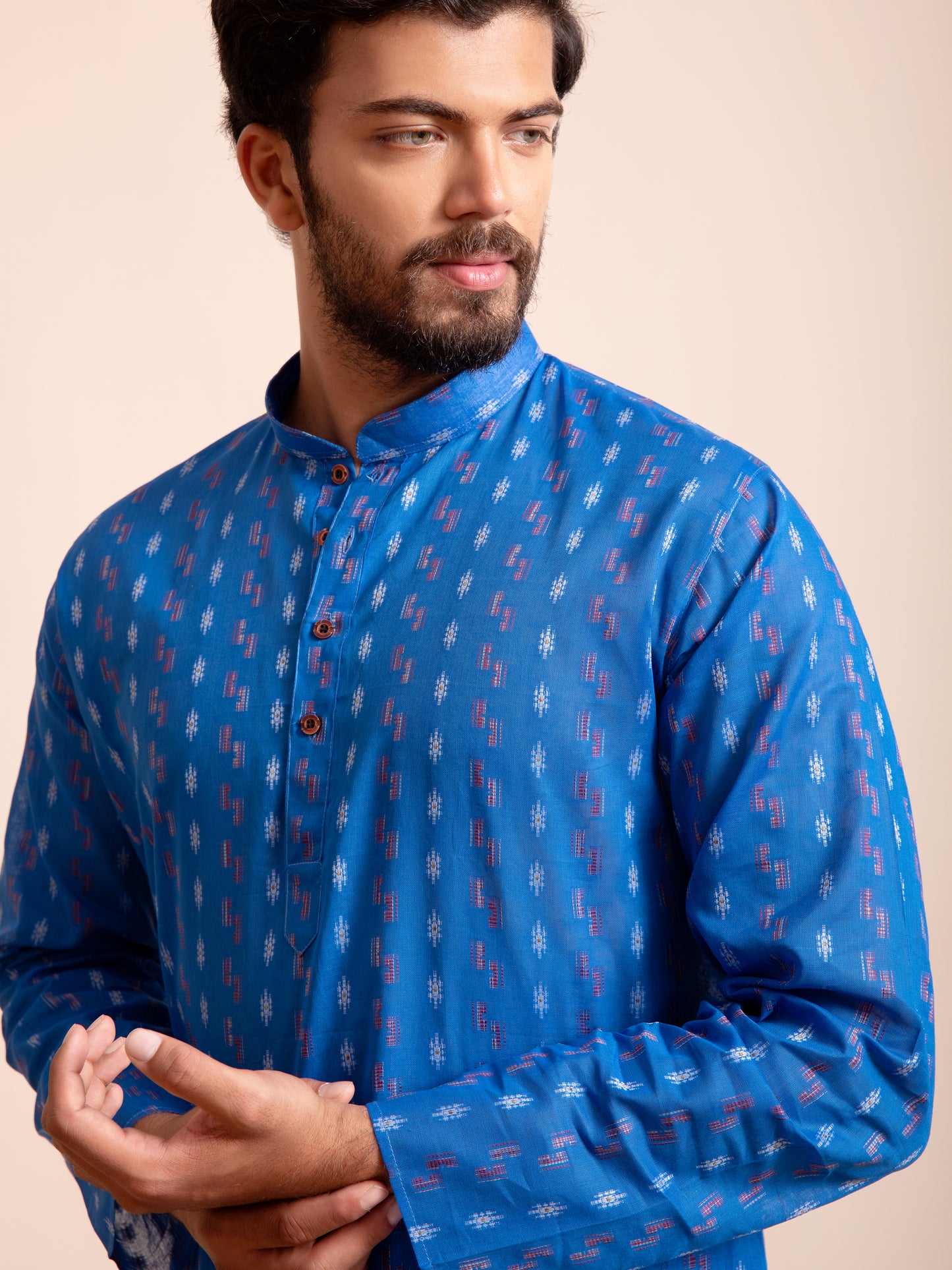 Blue Cotton Motif Self Design Kurta
