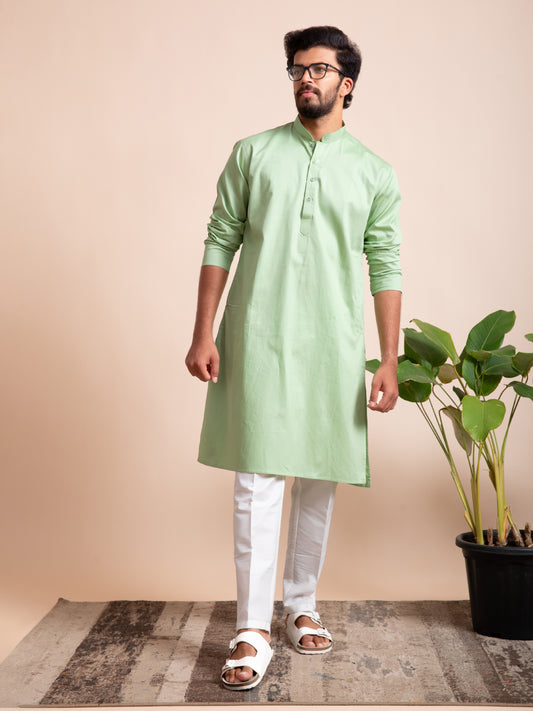 Pista Green Solid Cotton Kurta