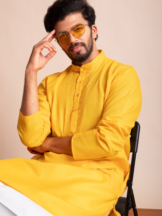 Yellow Collar Embroidered Cotton Kurta