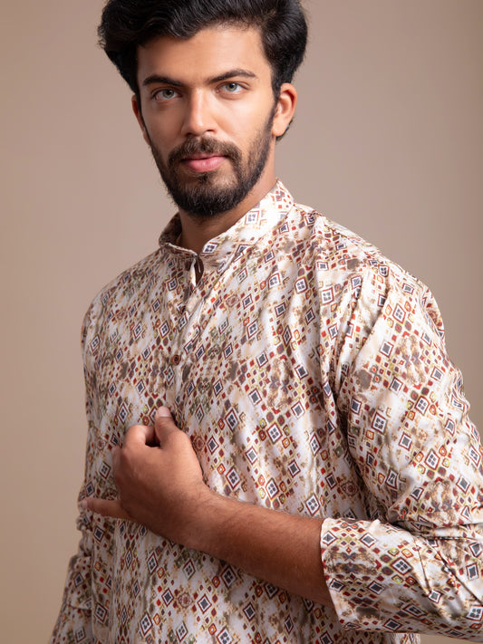 Olive Green Printed Linen Based Kurta