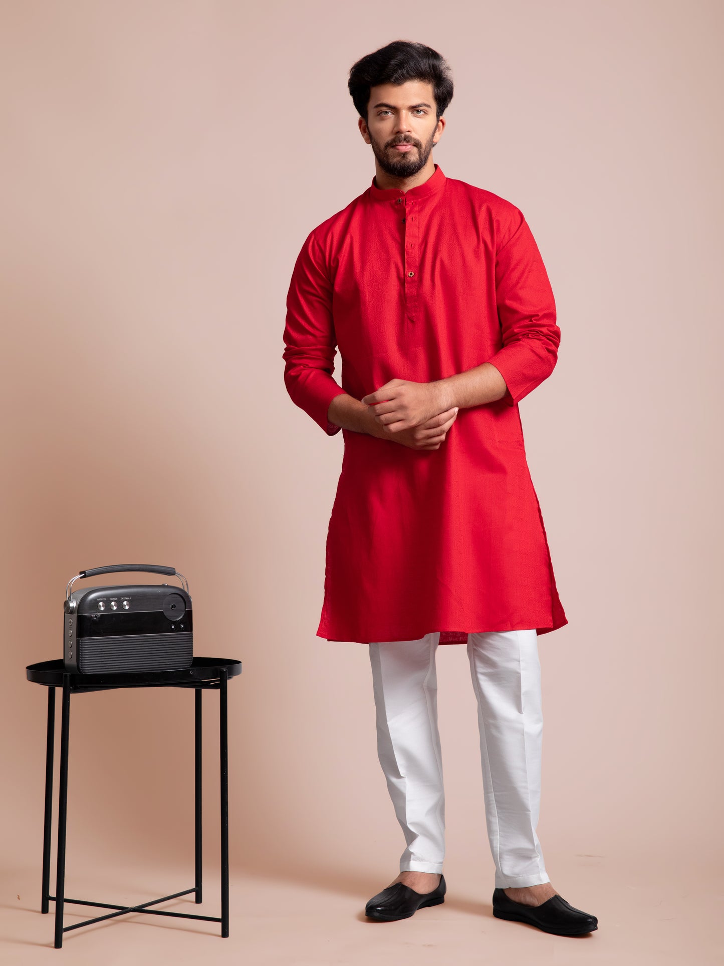 Red Cotton Self Design Kurta